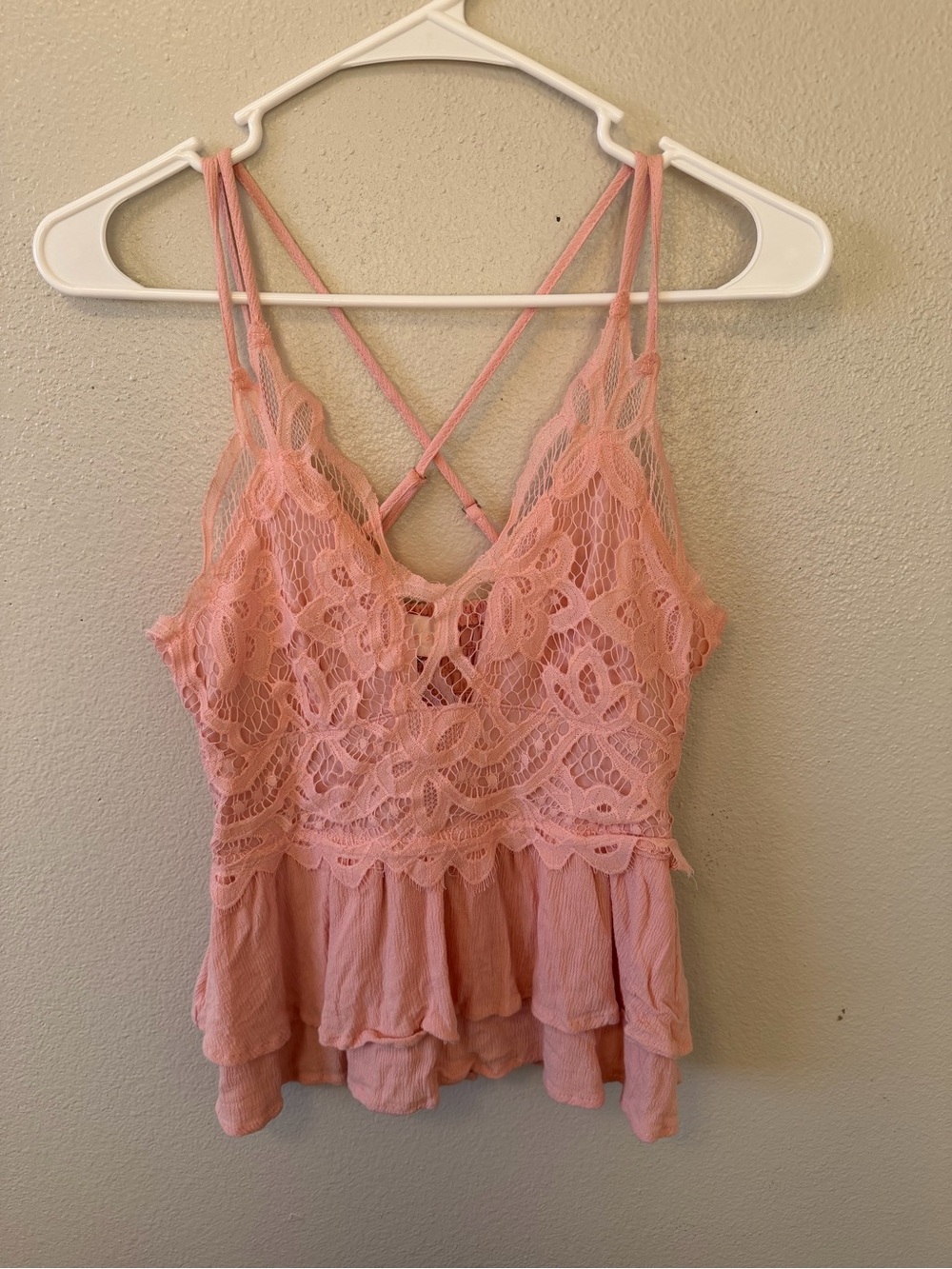 Entro Boho Crochet Lace Strappy Peplum Tank Dusty Pink Babydoll Boutique Fairy